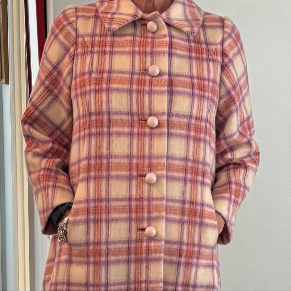 Vintage 1950s Louis Goldstein Plaid Pink Women's Wool Dress Coat Medium - Picture 6 of 16